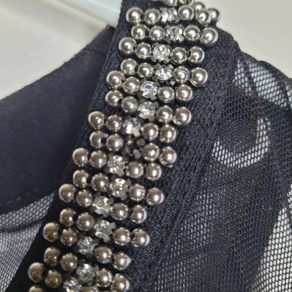 Nwt XOXO Jumpsuit Womens Black With Silver Beading Neckline Small Straight Leg - Picture 7 of 13
